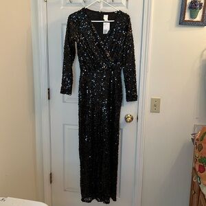 NWT H&M Wide Leg Black Sequin Sparkle Party Jumpsuit Long Sleeve XS Size Small